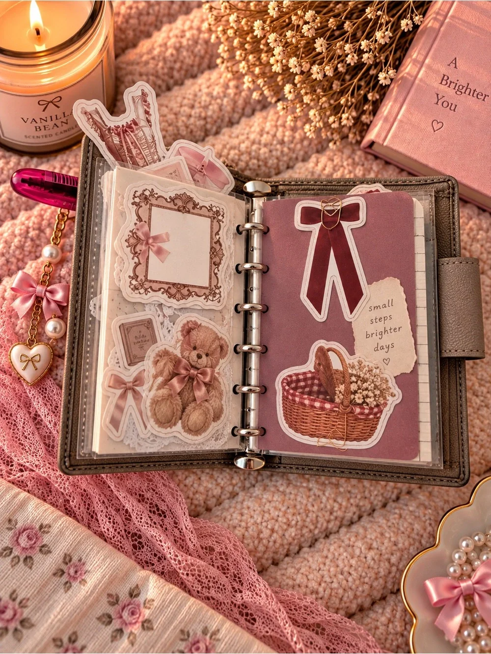 Coach Taupe Leather Card Holder with Pink Bow Charm and Hot Pink Pen